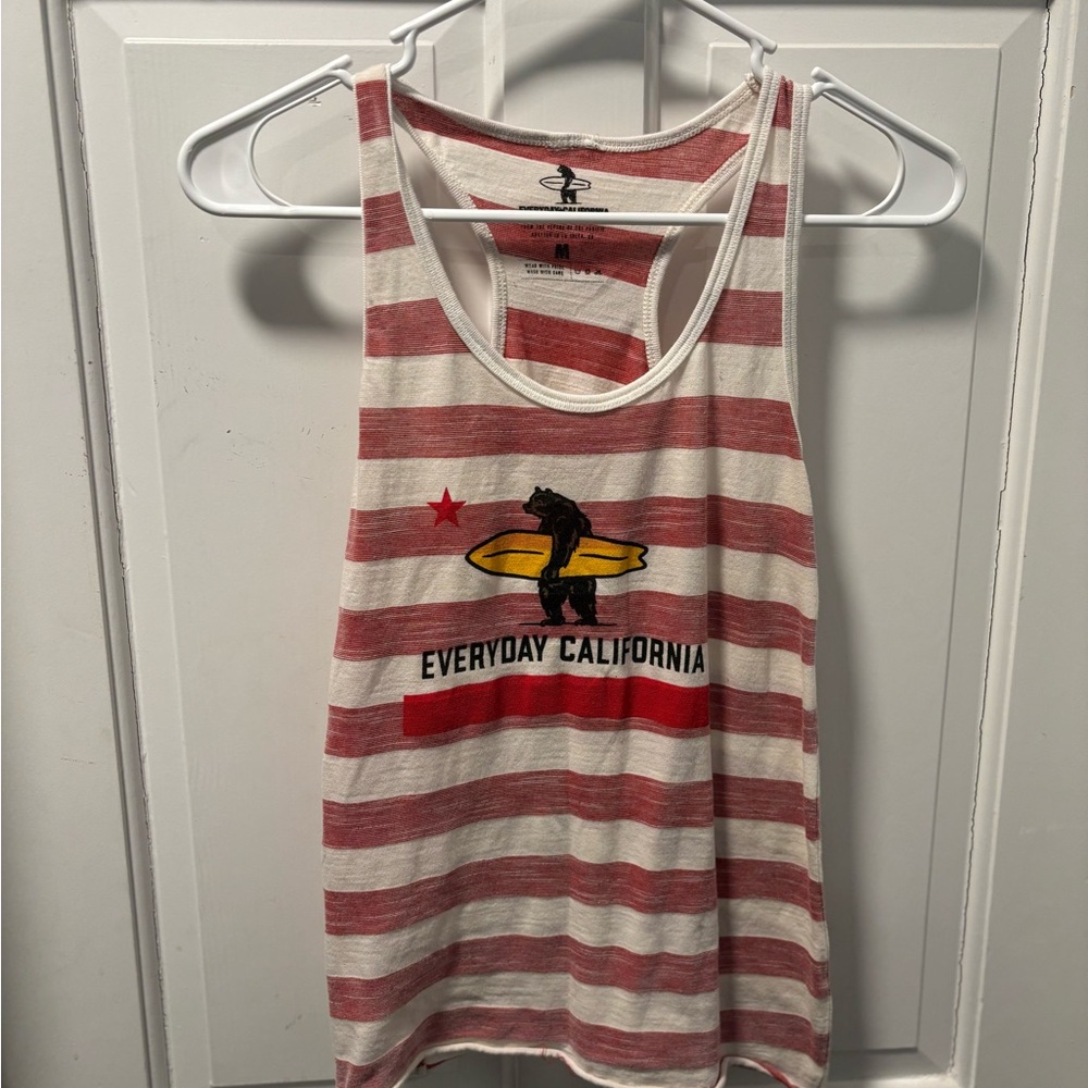 Red and White Striped Tank Top with Graphic Design
